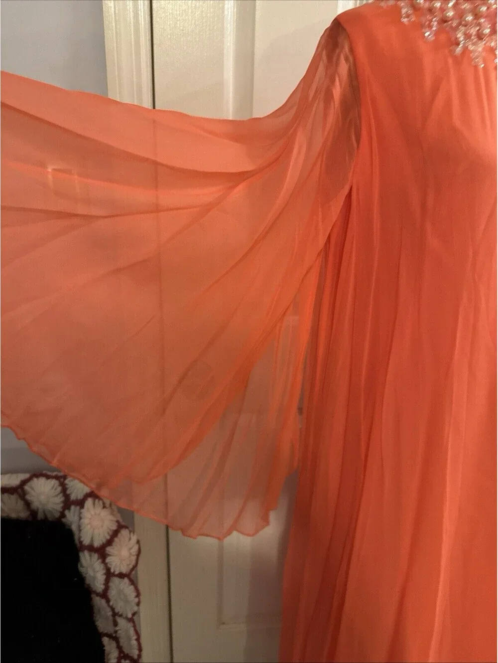 Vintage 1970's Dress Unbranded Coral Embellished High Neck  Chiffon Bell Sleeves